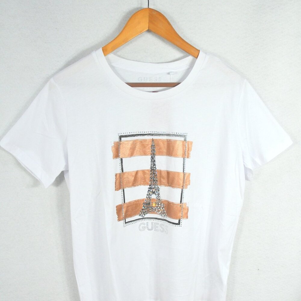 Guess Women's Blouse XL White Gold Crystal Eiffel Tower T-shirt Top Shirt